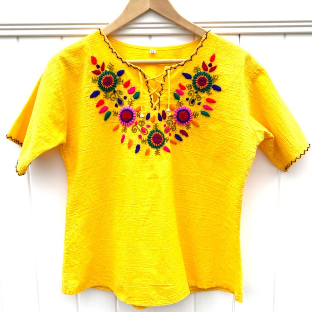 Embroidered Floral Blouse - Yellow Sz M